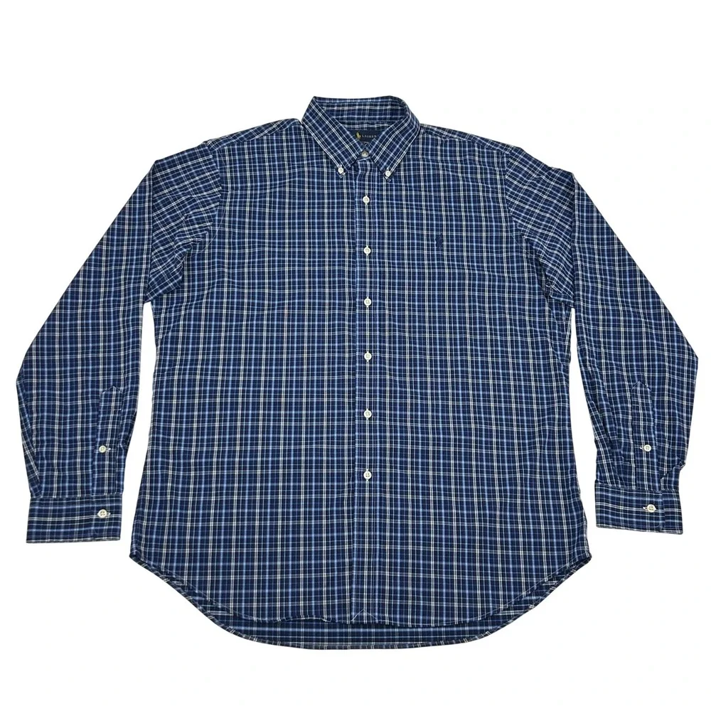 Ralph Lauren Button Down Shirt Mens Large Blue Plaid Classic Fit Stretch Nylon
